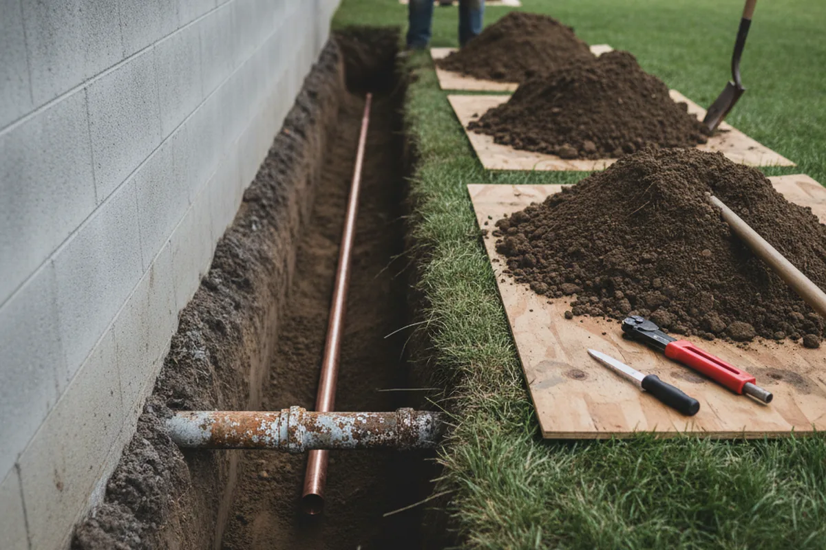 Excavated water line trench during Water Heater Repair in Snelling
